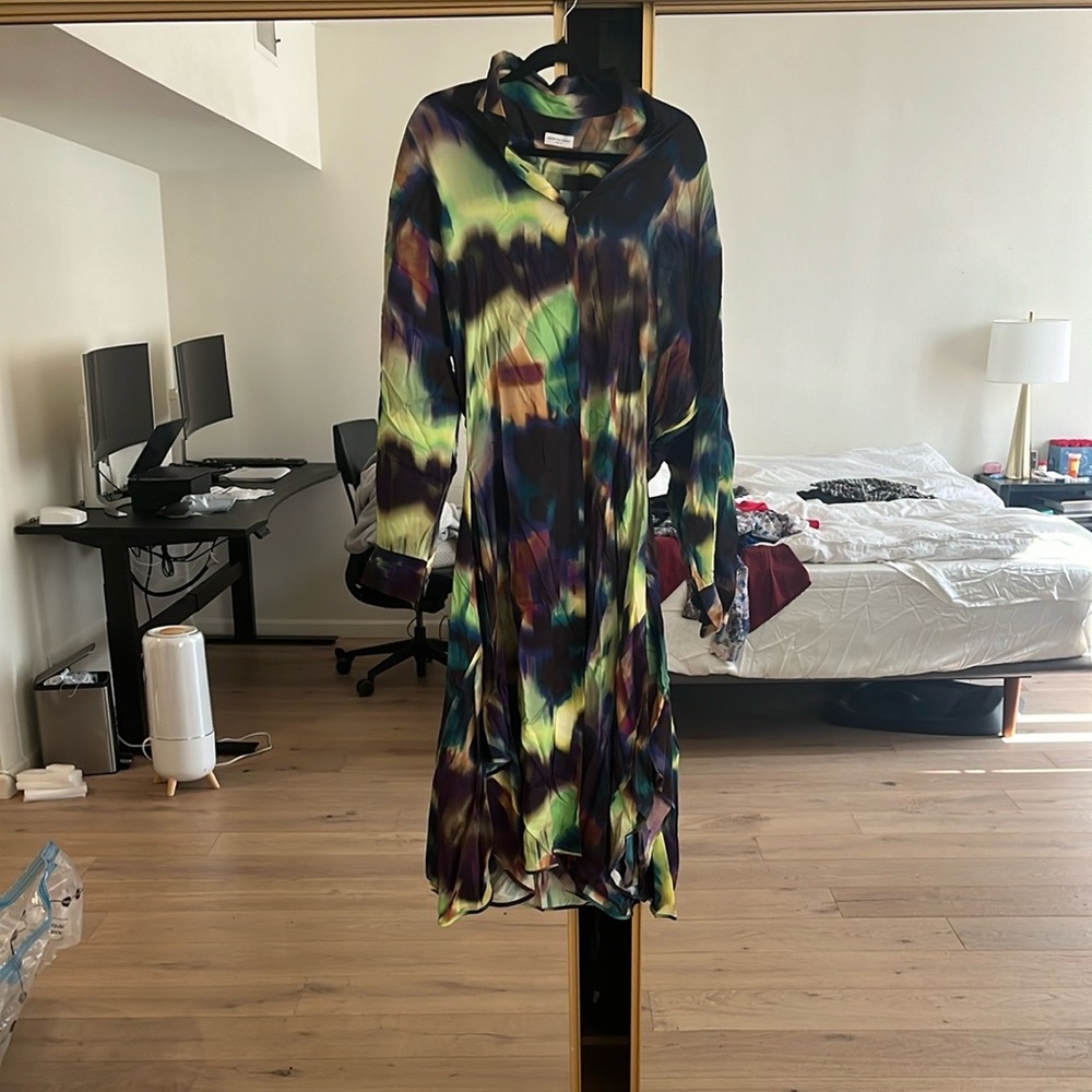 Dries Van Noten Green and Yellow Bell Sleeve Sundress